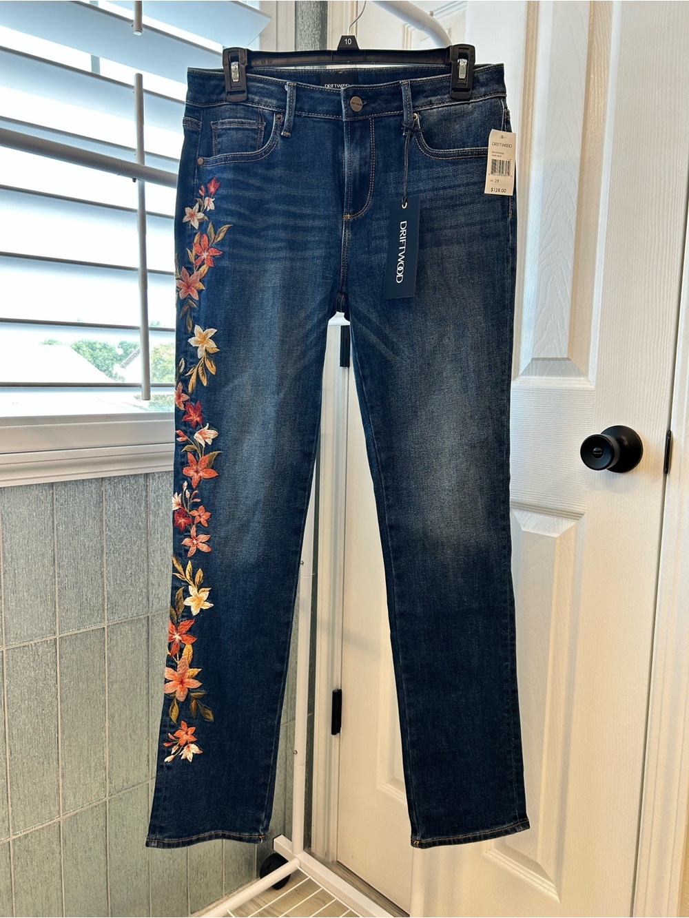 DRIFTWOOD Dark Wash Straight-Leg Jeans with Floral Side Embroidery